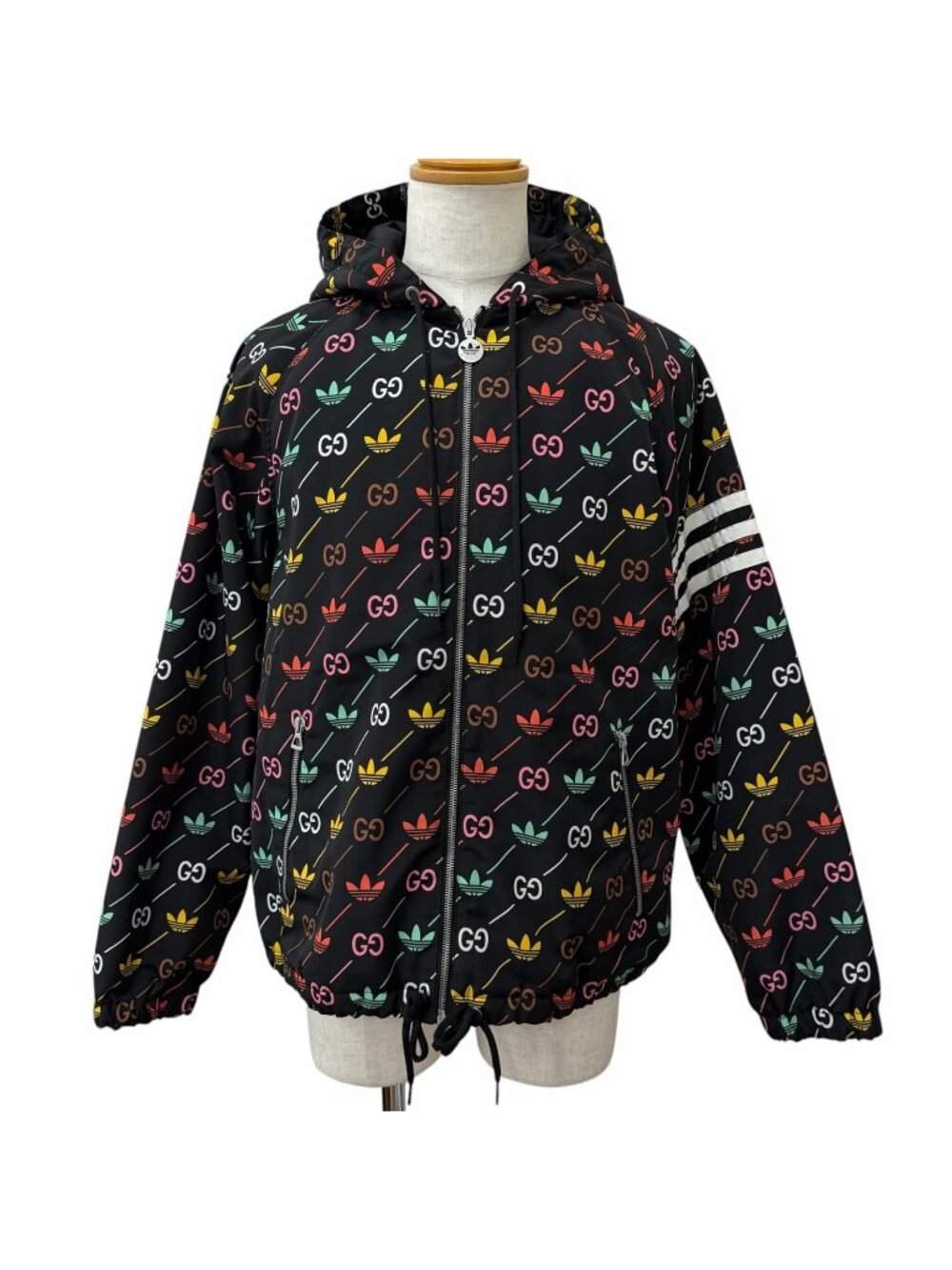 Gucci Adidas Logo All Over Print Padded Nylon Hoodie Black Multicolor 46